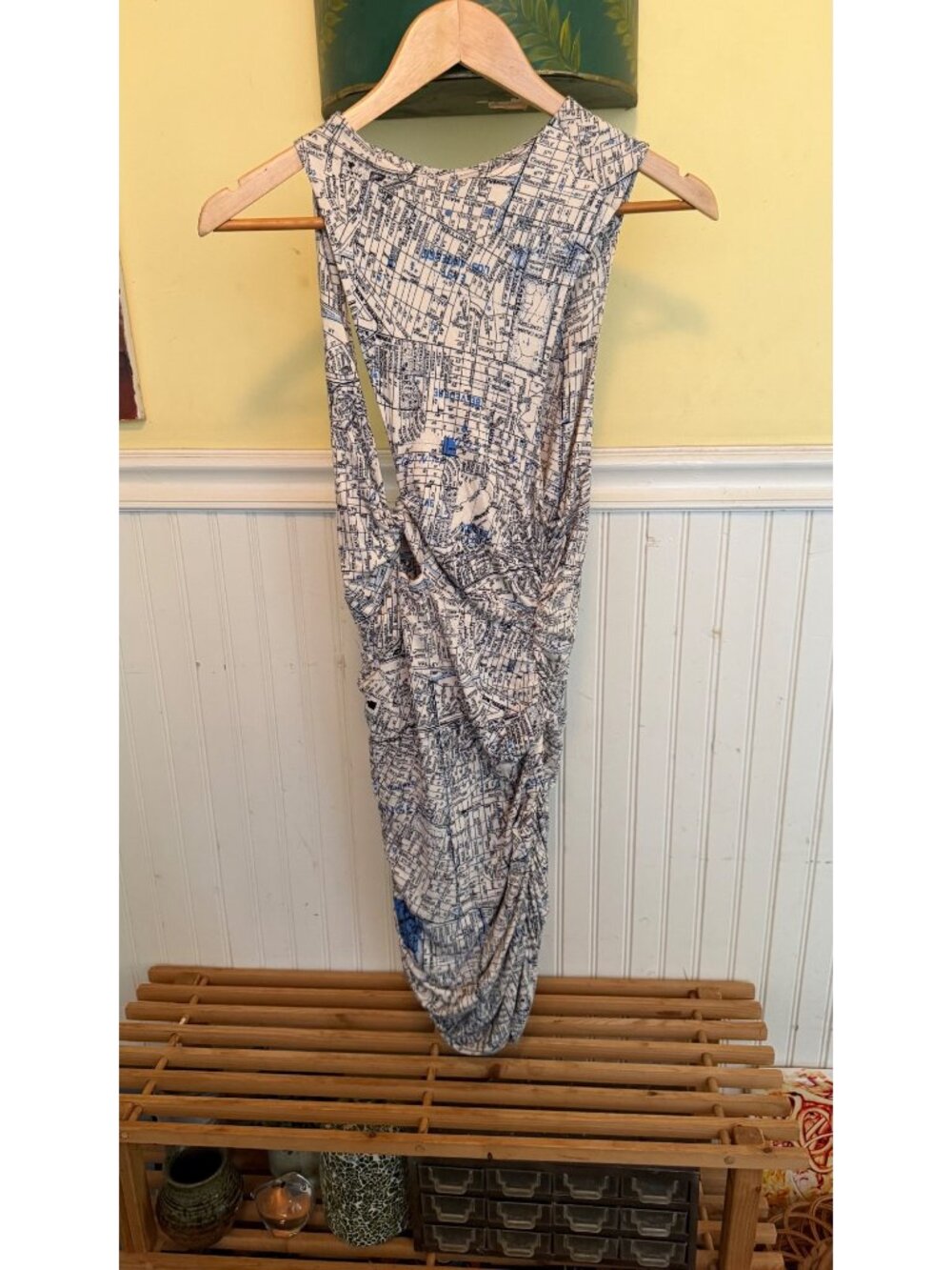 Urban Outfitters Map Print Sleeveless Ruched Dress M Beige & Blue